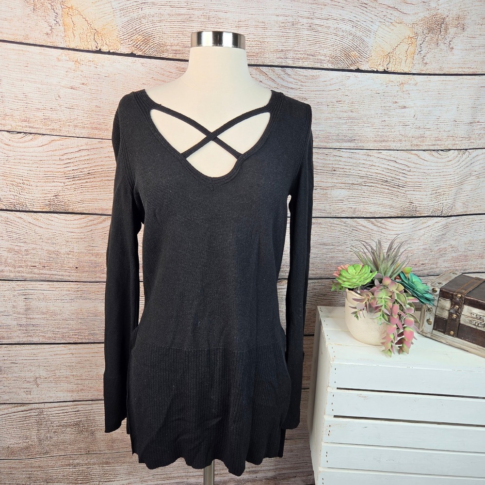 Free People Womens Black Strappy Criss Cross V-Neck Long Sleeve Tunic Sweater XS